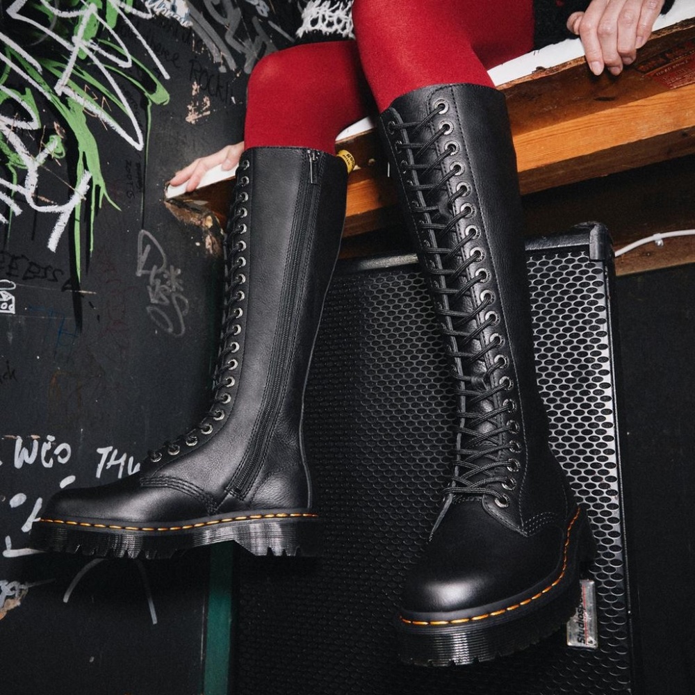 Dr. Martens Black Tall Lace-Up Platform Boots with Yellow Welt Stitching